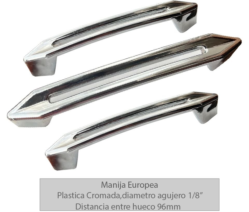 Manija europea cromada de Versastico en Bogotá: entre agujeros 96 mm, agujero 1/8", material Plástico cromado