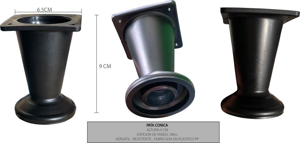 Pata cónica negra de Versastico en Bogotá: altura 9 cm, base de fijación 6,5 cm, espesor de pared 3 mm, material Plástico PP